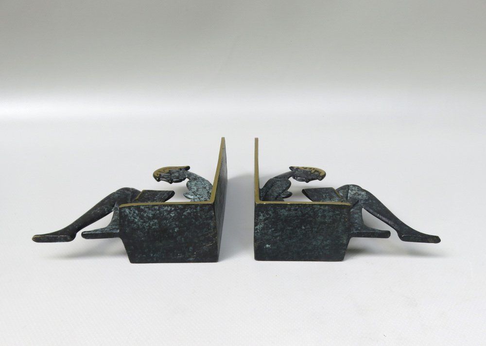 Reading Girl Bookends In Brass With Black Green Patina, 1950s, Set Of 2 photo 1264.8