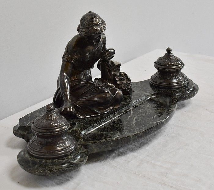 Double Inkwell In Silvered Bronze On Sea Green Marble   1900 photo for sale