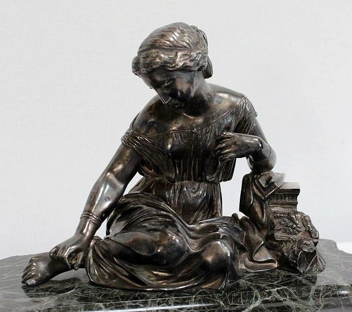 Double Inkwell In Silvered Bronze On Sea Green Marble   1900 photo vinterior