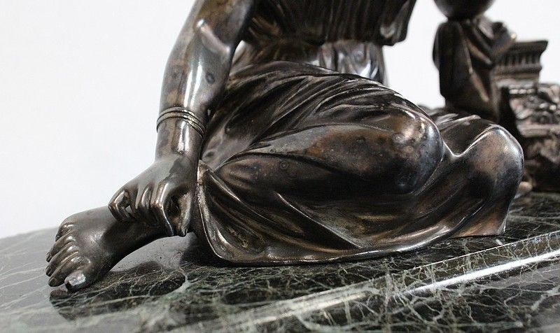 photo for sale Double Inkwell In Silvered Bronze On Sea Green Marble   1900