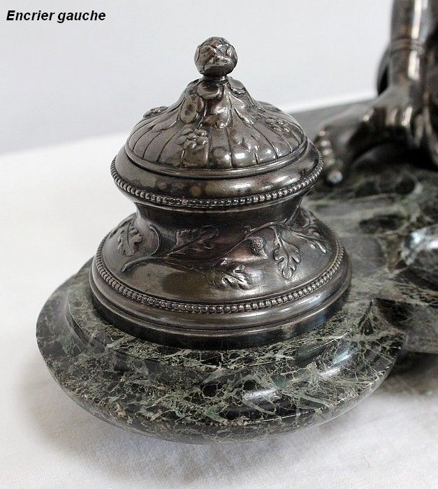 1319.43 Double Inkwell In Silvered Bronze On Sea Green Marble   1900 photo