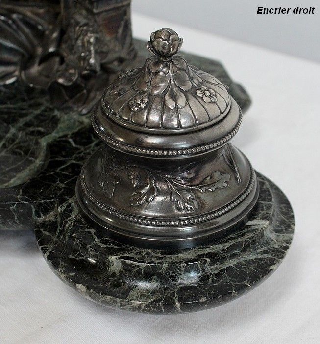 photo vinterior Double Inkwell In Silvered Bronze On Sea Green Marble   1900