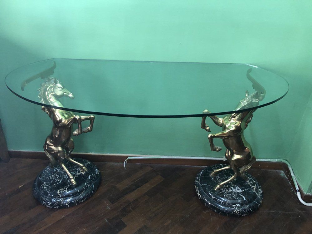 photo furniture Hollywood Regency Console In Brass, Glass And Marble