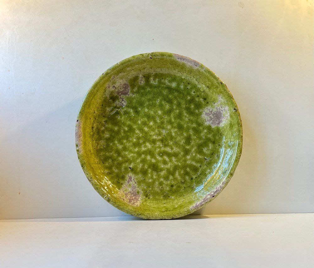 Large Green Stoneware Centerpiece In Raku Crackle Glaze