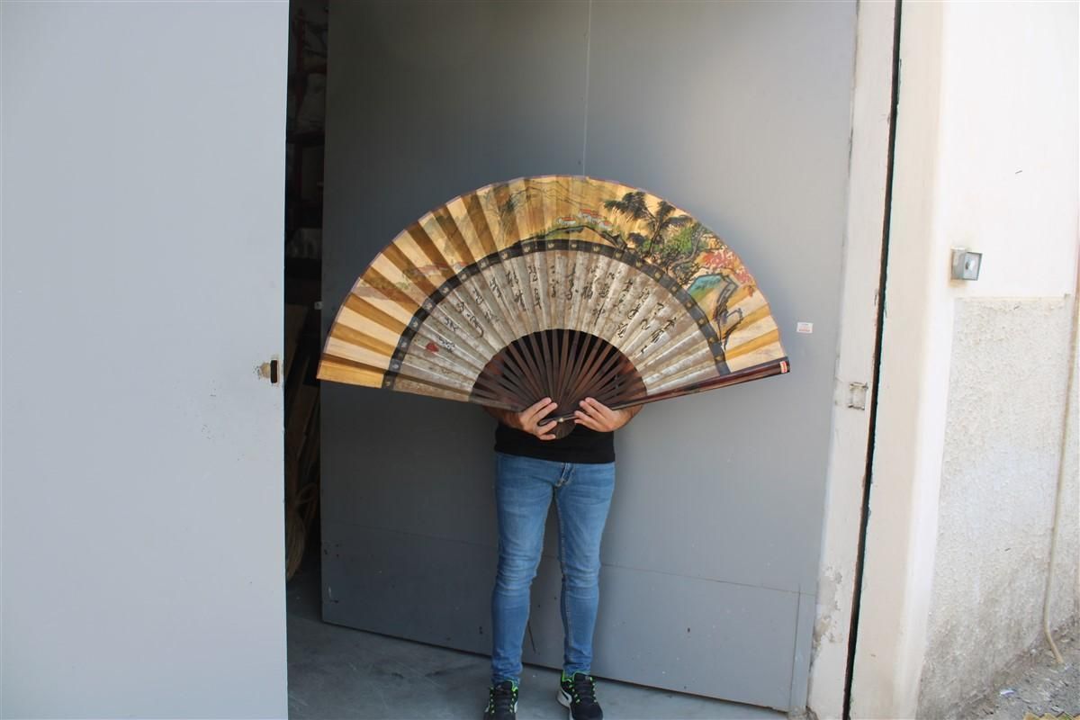Decorative Mid Century Chinese Fan In Paper Decorated Painted Wooden Structure. photo vintage