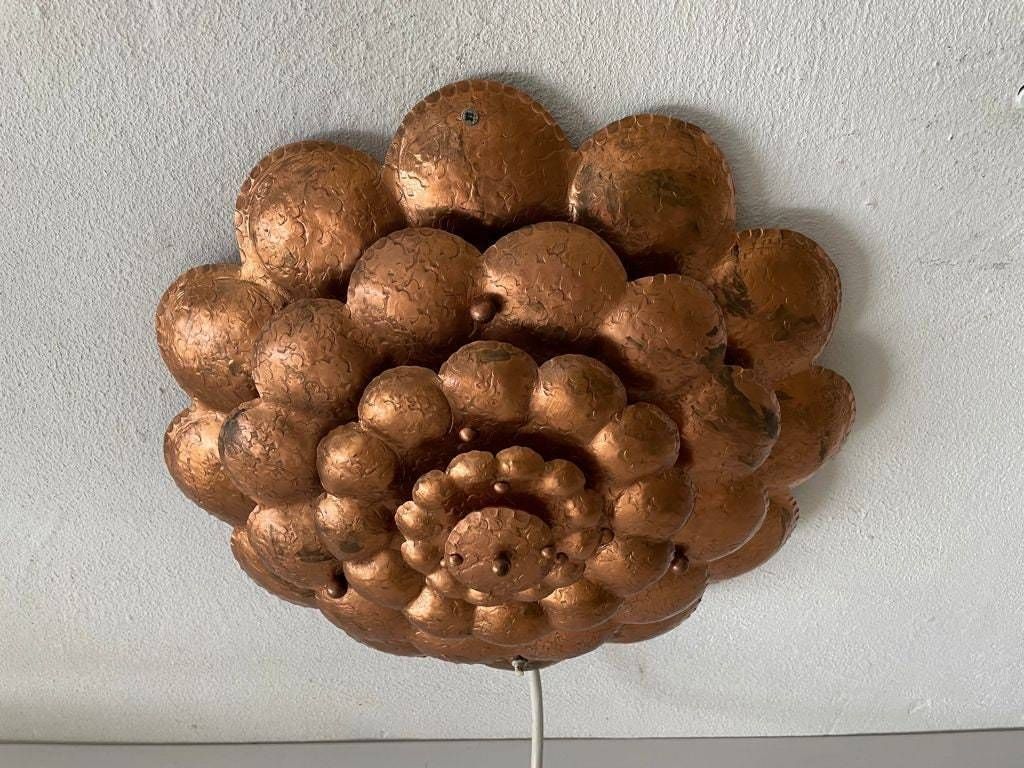 Copper Handcrafted Metal Flower Shaped Single Sconce Or Flush Mount Ceiling, 1950s photo for sale