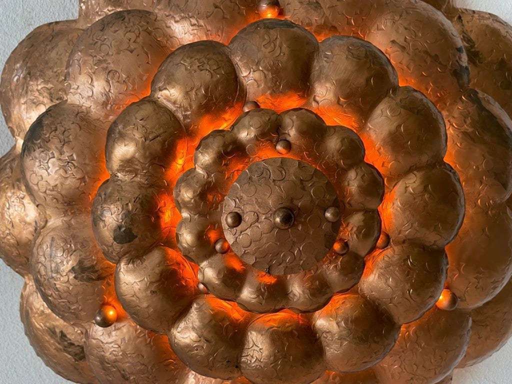Copper Handcrafted Metal Flower Shaped Single Sconce Or Flush Mount Ceiling, 1950s photo vintage