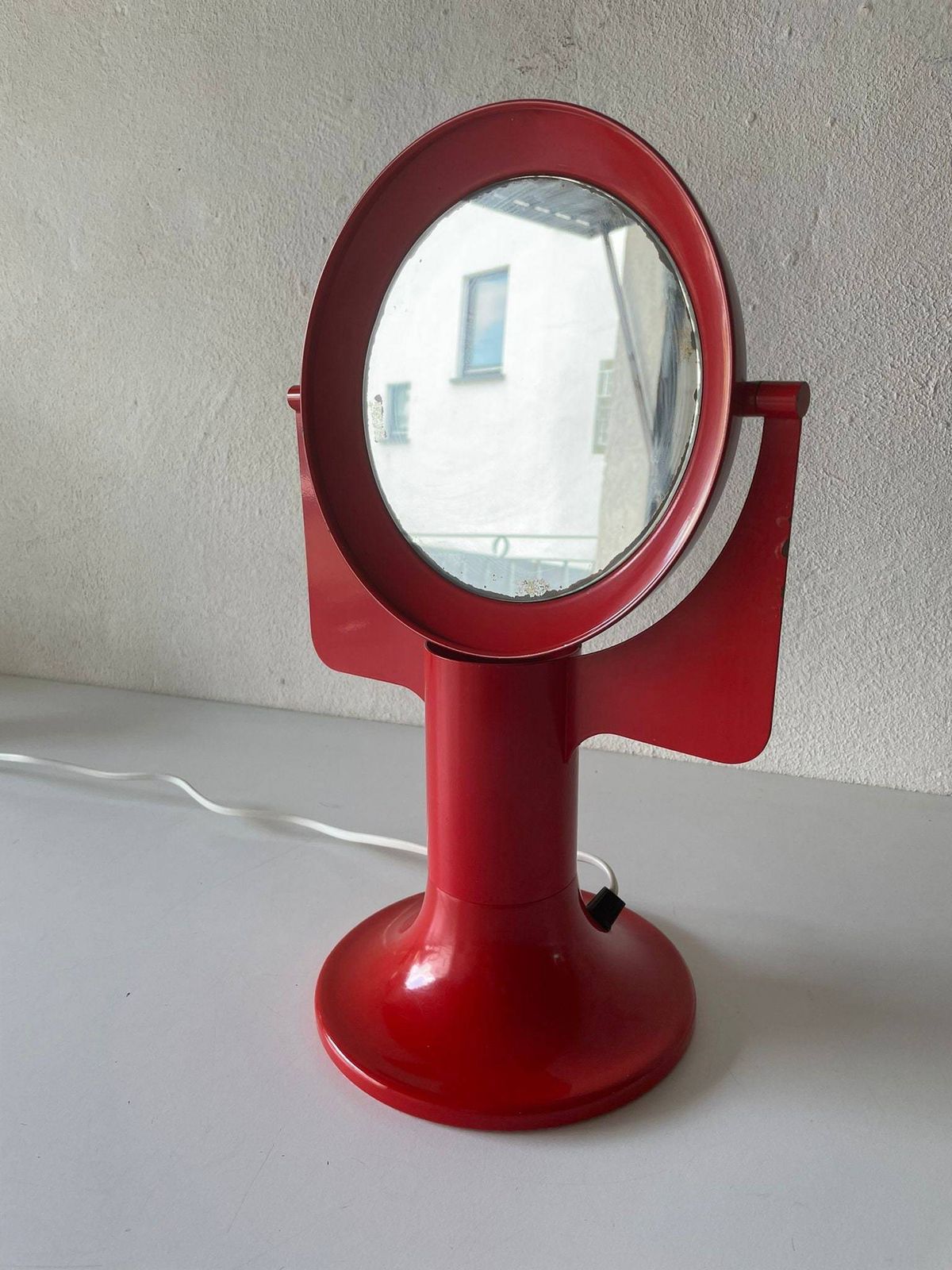 Red Metal Illuminated Space Age Table Mirror, 1970s, Italy photo buy