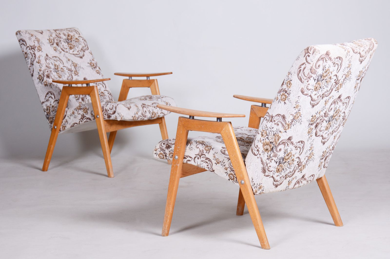 Pair Of Beige Midcentury Armchairs, Made In Czechia, 1950s. Original Condition photo vintage