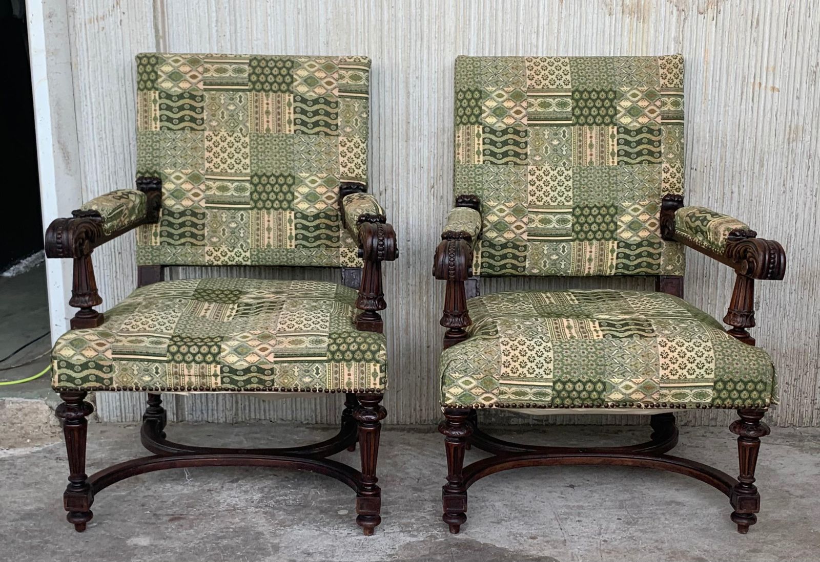 Louis XVI Style Spanish Pair Of Carved Walnut Armchairs, 1900s photo for sale