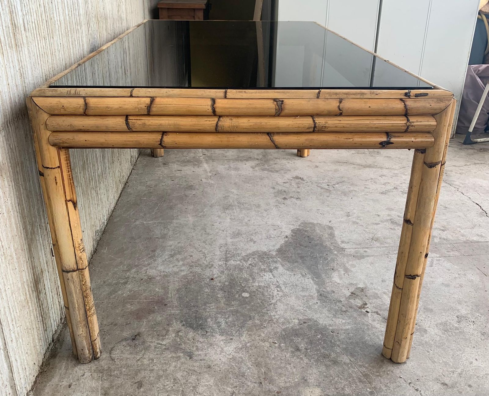 Spanish, 1980s Bamboo Glass Dining Table With Smoked Glass Tabletop photo buy