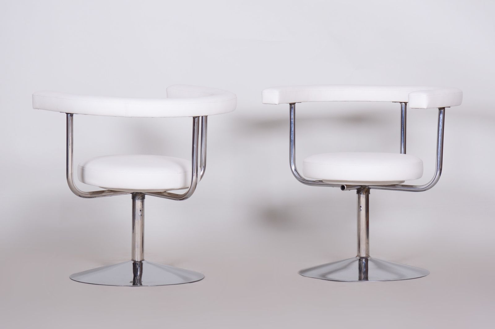 Pair Of White Leather Swivel Chairs Made In Czechia, 1940s. Fully Restored. photo vintage