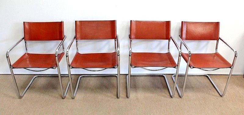 Suite Of 4 Leather Armchairs Signed Matteo Grassi   1960s
