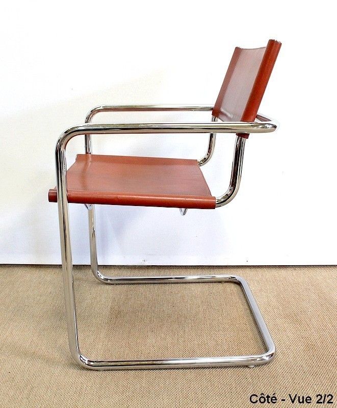photo vinterior Suite Of 4 Leather Armchairs Signed Matteo Grassi   1960s