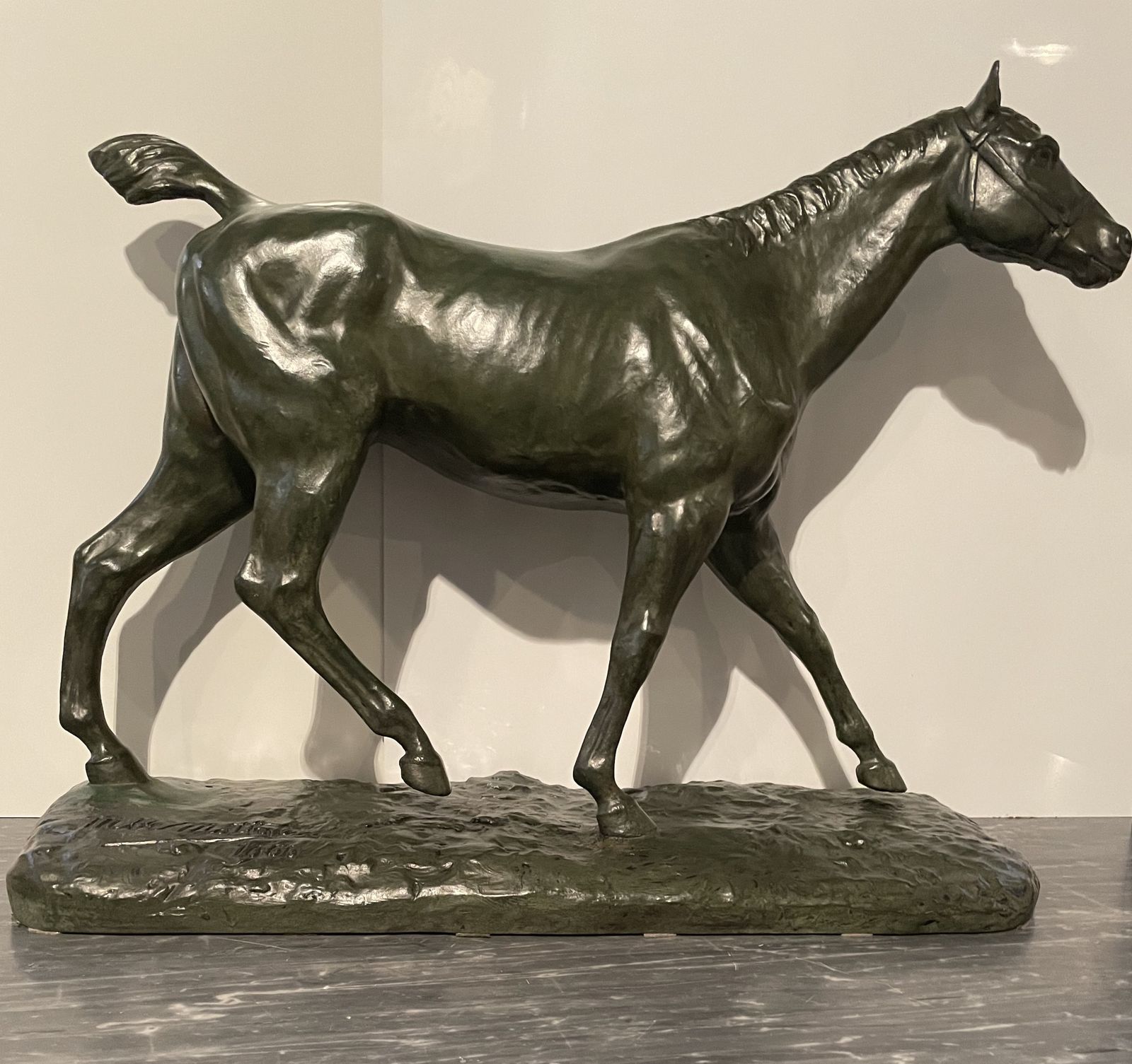 Horse Walking In Bronze With Green Patina. Signed On The Base M.De Mathelin 1900