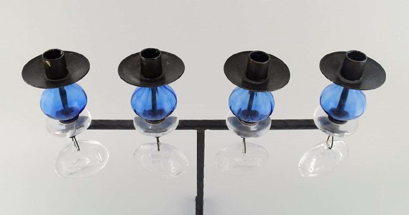 Erik Höglund For Kosta Boda, Large Candle Holder In Cast Iron With Art Glass photo vinterior
