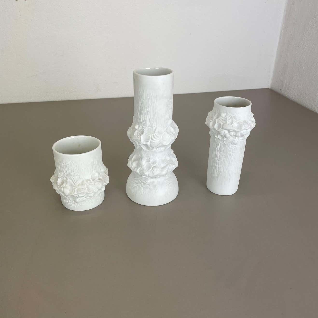 Set Of 3 Original Op Art Biscuit Porcelain Vases By Ak Kaiser, Germany, 1970s photo for sale