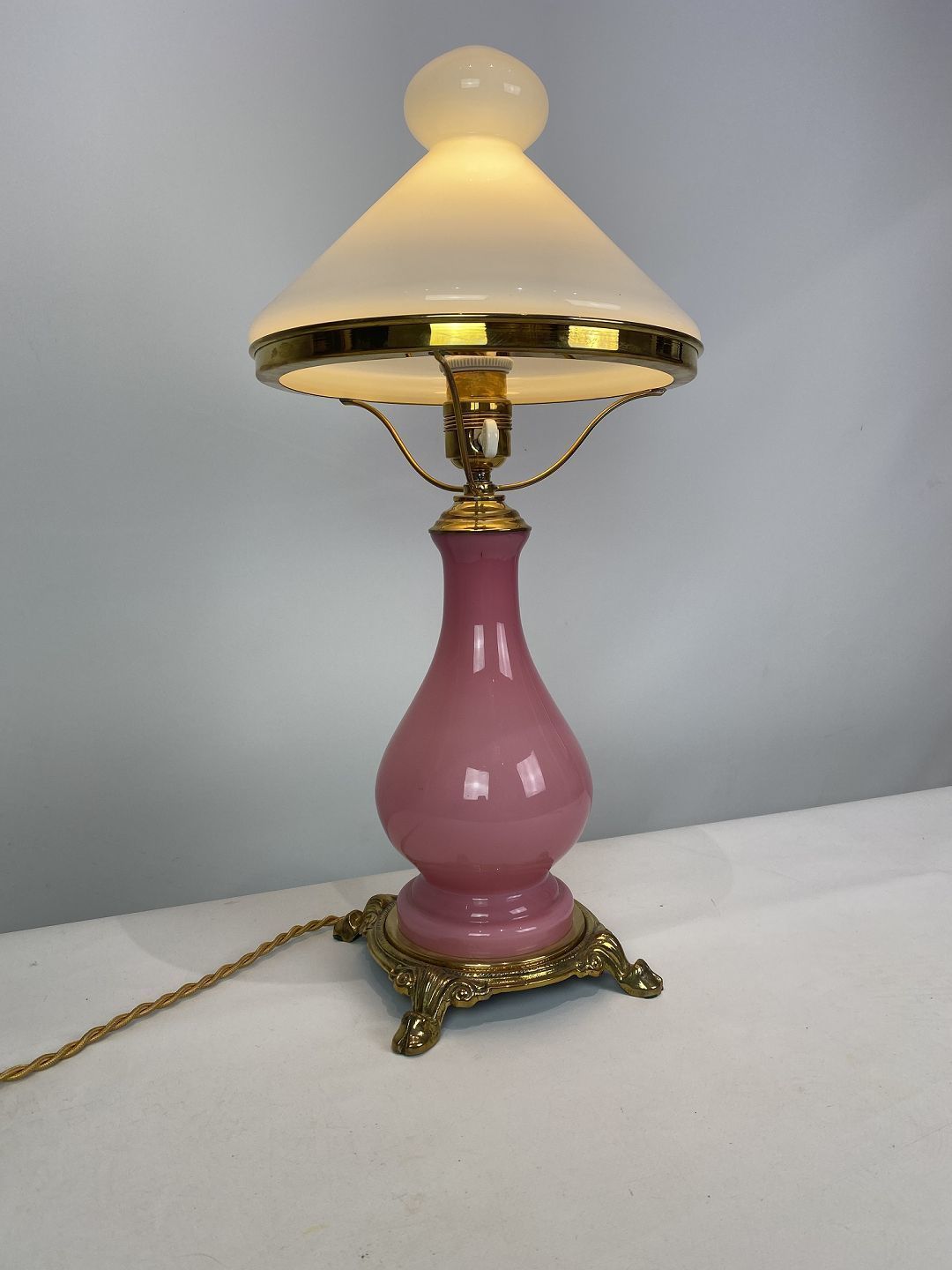 Table Lamp With Frame Of Pink Opaline Glass And Shade Of White Opaline Glass, And Foot Of Brass, By Funen's Glassworks From The 1930s.