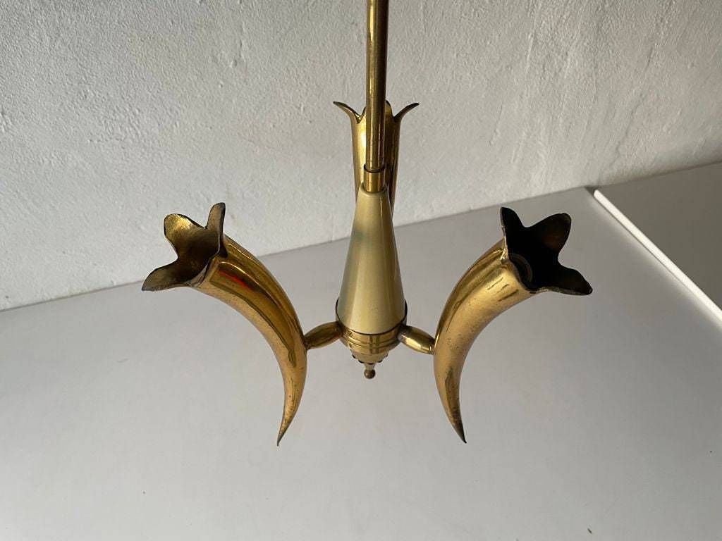Just Amazing Triple Horn Brass Shade Mid Century Modern Italian Chandelier, 1950s, Italy photo furniture