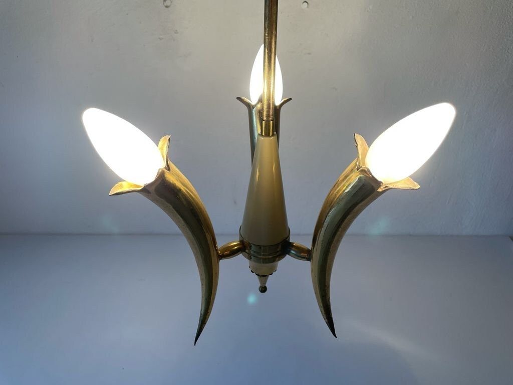 Just Amazing Triple Horn Brass Shade Mid Century Modern Italian Chandelier, 1950s, Italy photo Lighting