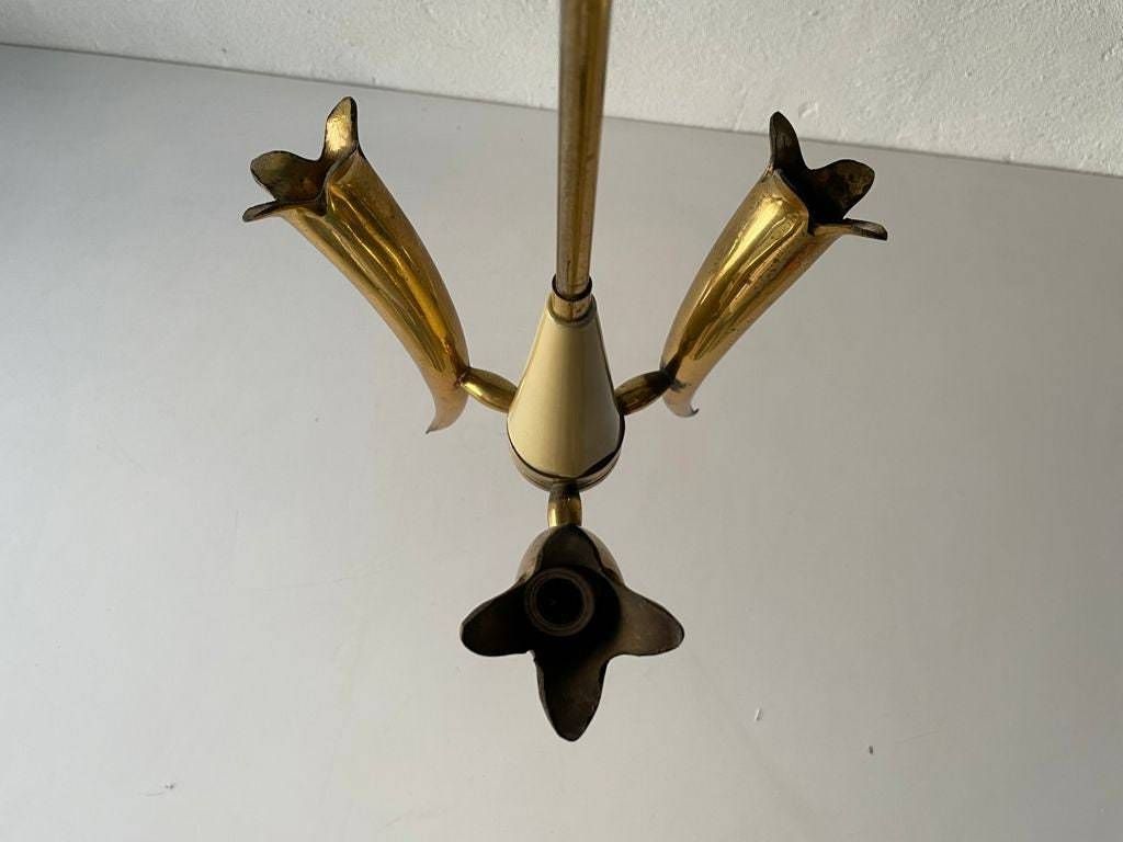 Just Amazing Triple Horn Brass Shade Mid Century Modern Italian Chandelier, 1950s, Italy photo vinterior