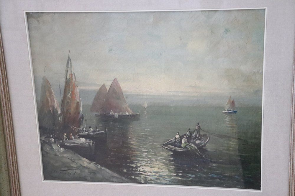 Oil On Canvas Painting Of Marina With Fishermen, 1950s photo Art