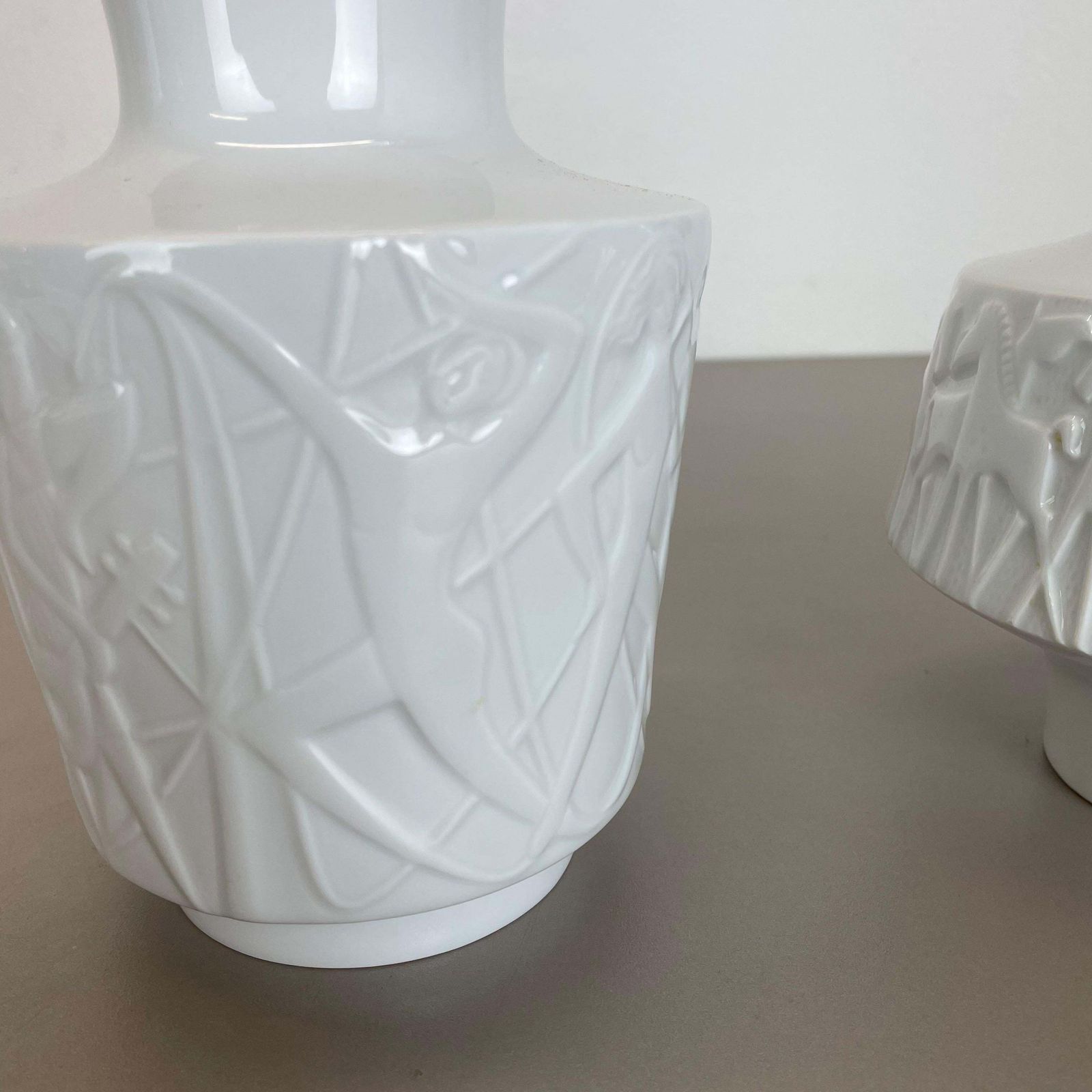 photo for sale Set Of 2 Op Art Biscuit Porcelain Vases By Edelstein Bavaria, Germany, 1970s