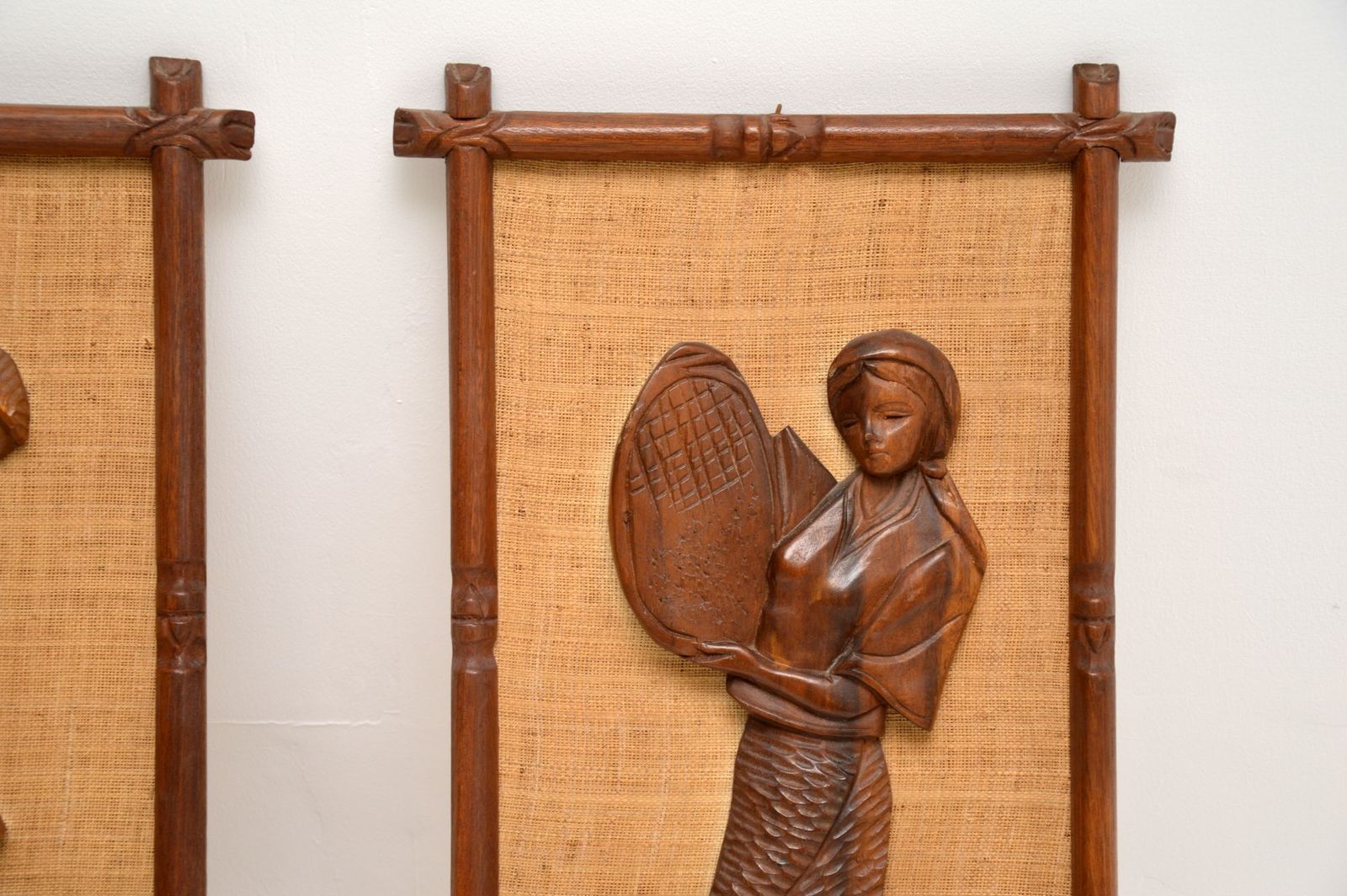 1960's Pair Of Carved Walnut Decorative Reliefs Wall Art photo 383.76