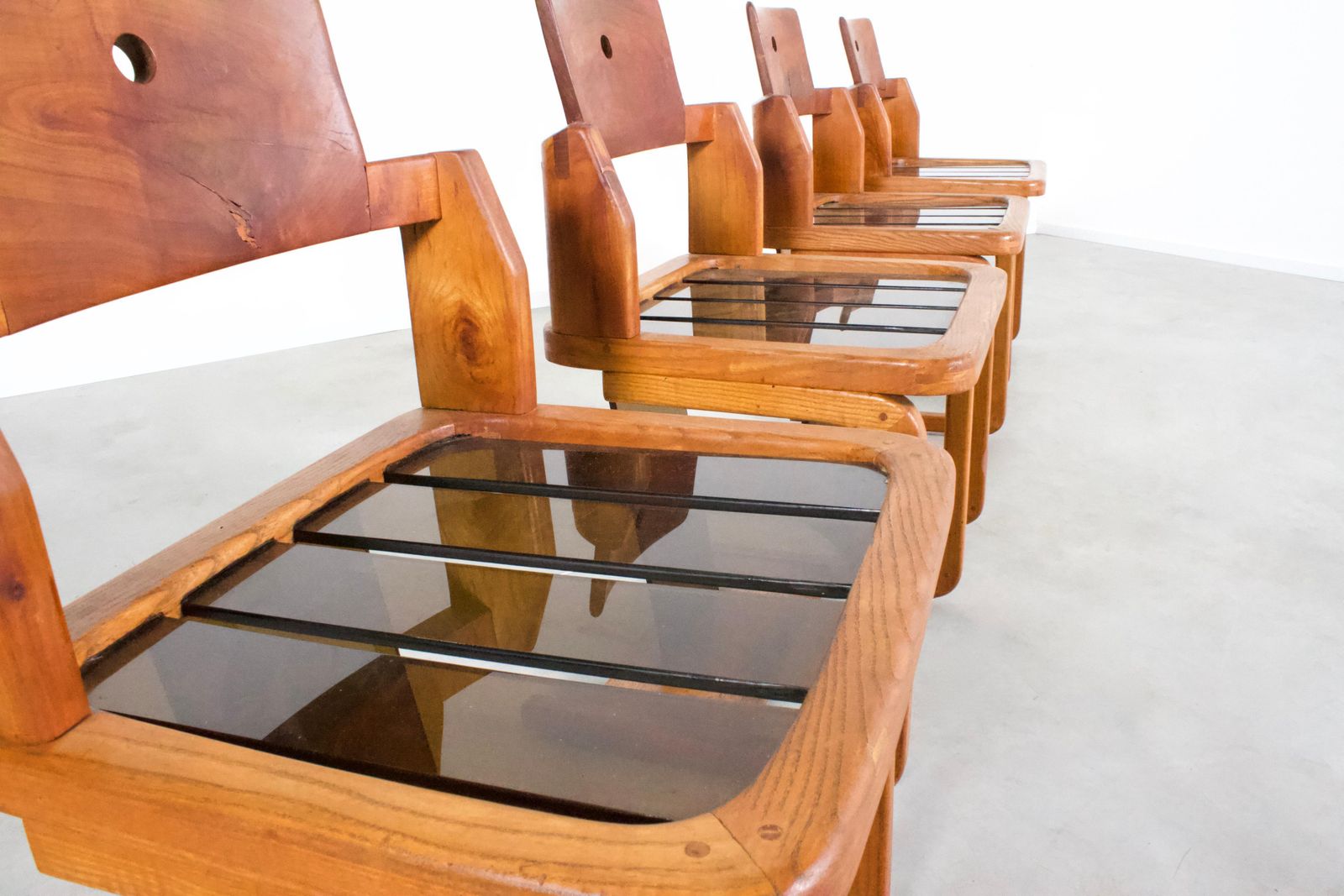 Set Of Impressive French Teak Wood And Lucite Chairs, 1960s photo buy