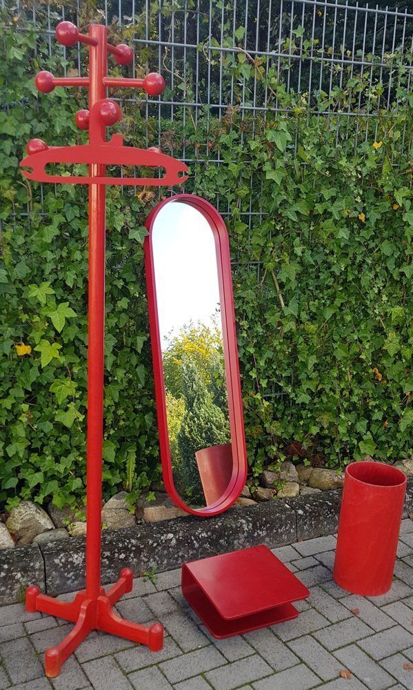 Hallway Coat Rack With Mirror, Shelf And Umbrella Stand In Red, 1970s, Set Of 4 photo for sale
