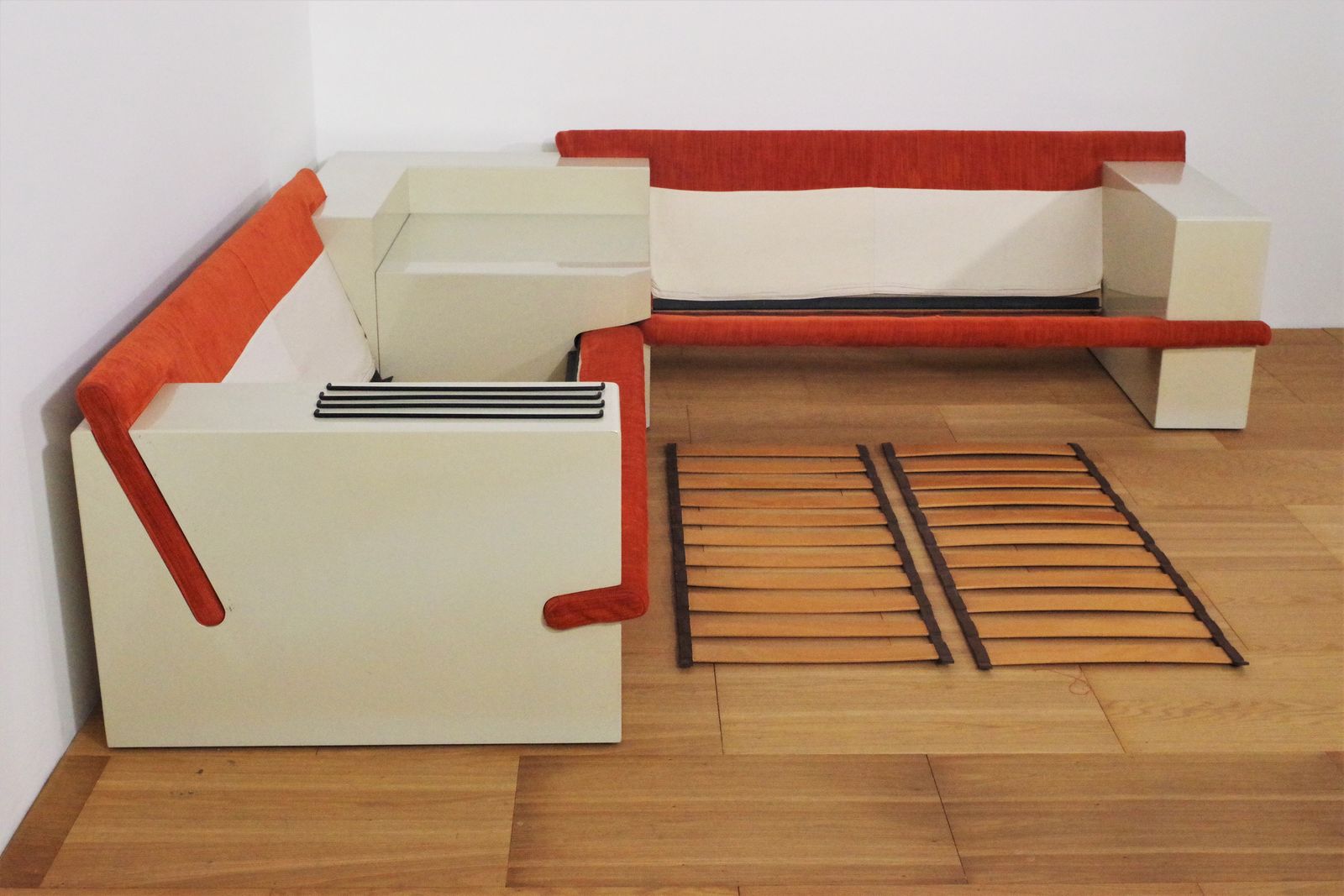 White Lacquered Modular Sofa With Orange Fabric, Set Of 17 photo vinterior
