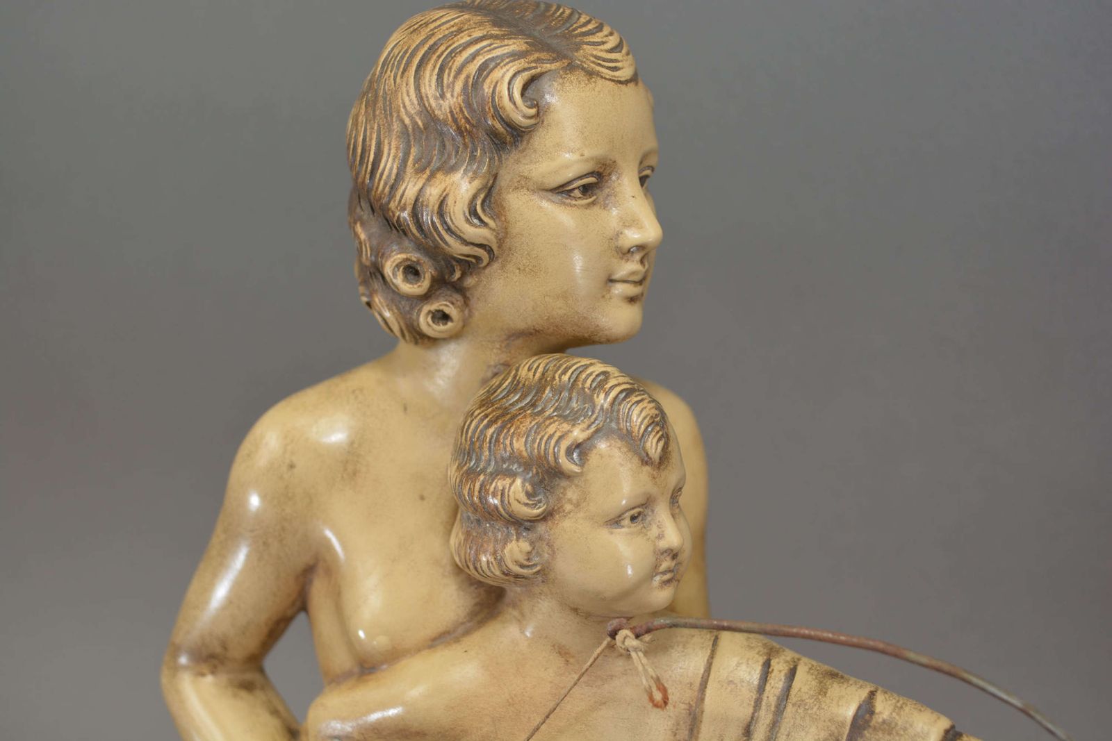 Antique Art Deco Bisque Sculpture Of Mother And Child With Bow And Arr photo Home Decor