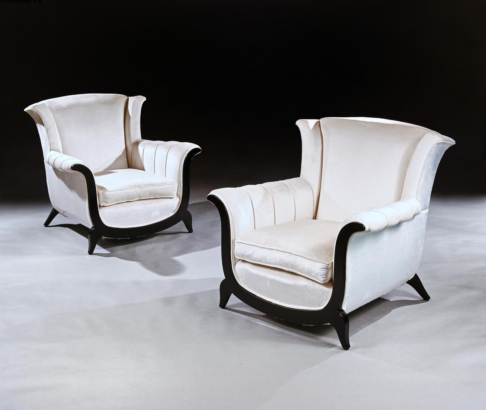 A Unusual Pair Of French Art Deco Ebonised Armchairs In A Crushed Velvet photo furniture