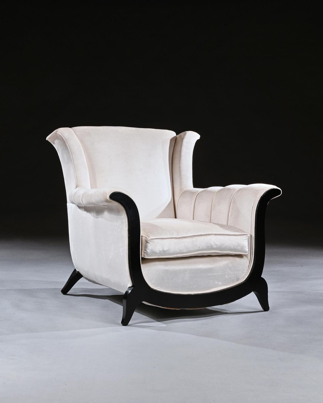 A Unusual Pair Of French Art Deco Ebonised Armchairs In A Crushed Velvet photo for sale
