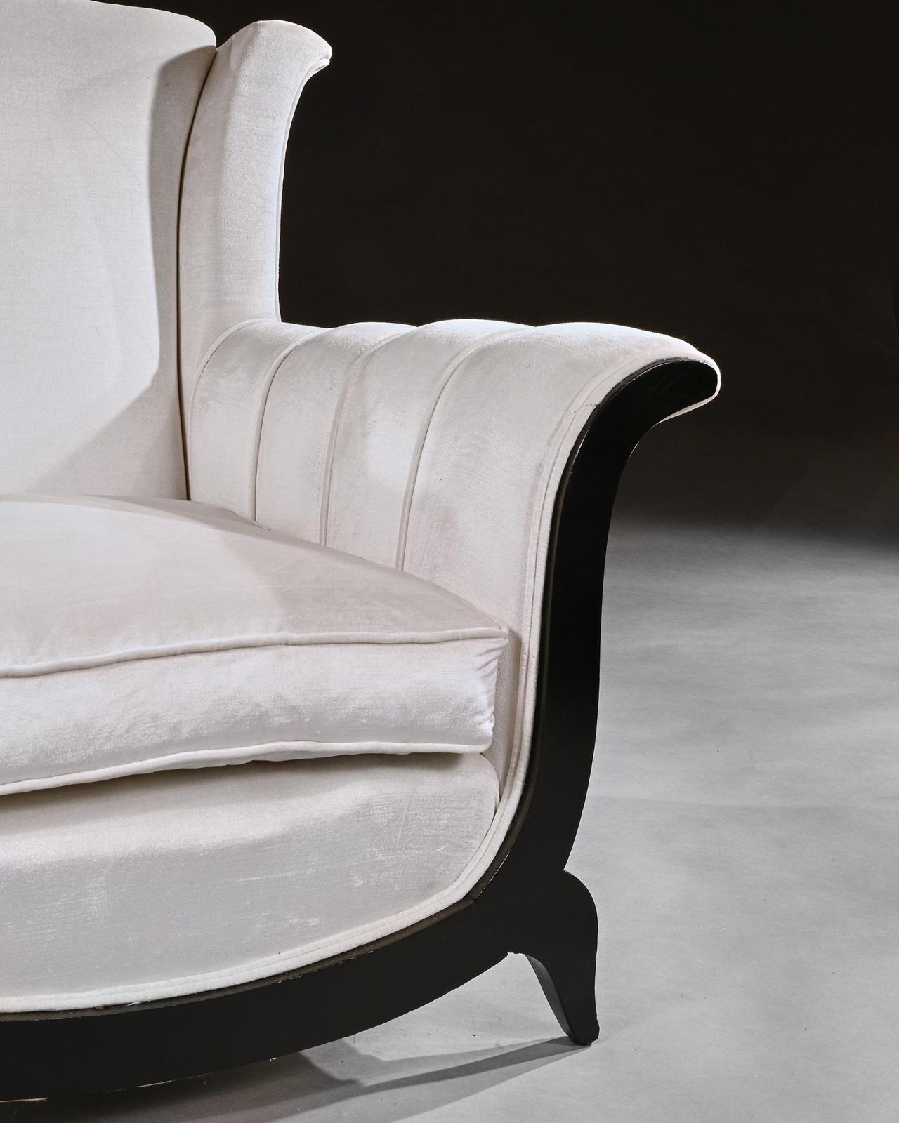 A Unusual Pair Of French Art Deco Ebonised Armchairs In A Crushed Velvet photo buy
