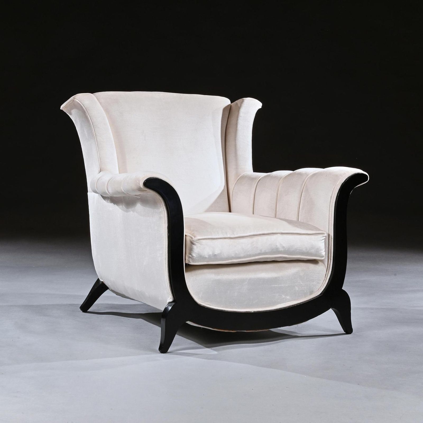 A Unusual Pair Of French Art Deco Ebonised Armchairs In A Crushed Velvet photo vintage