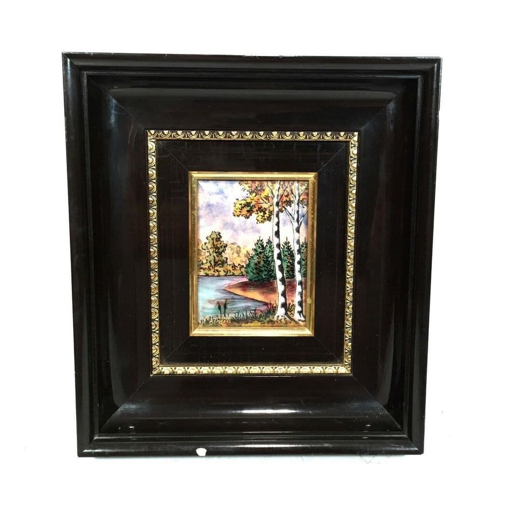 Framed Enamel On Copper E J Guitard Of Limoges, France, Painting Pair C.1970 photo Art