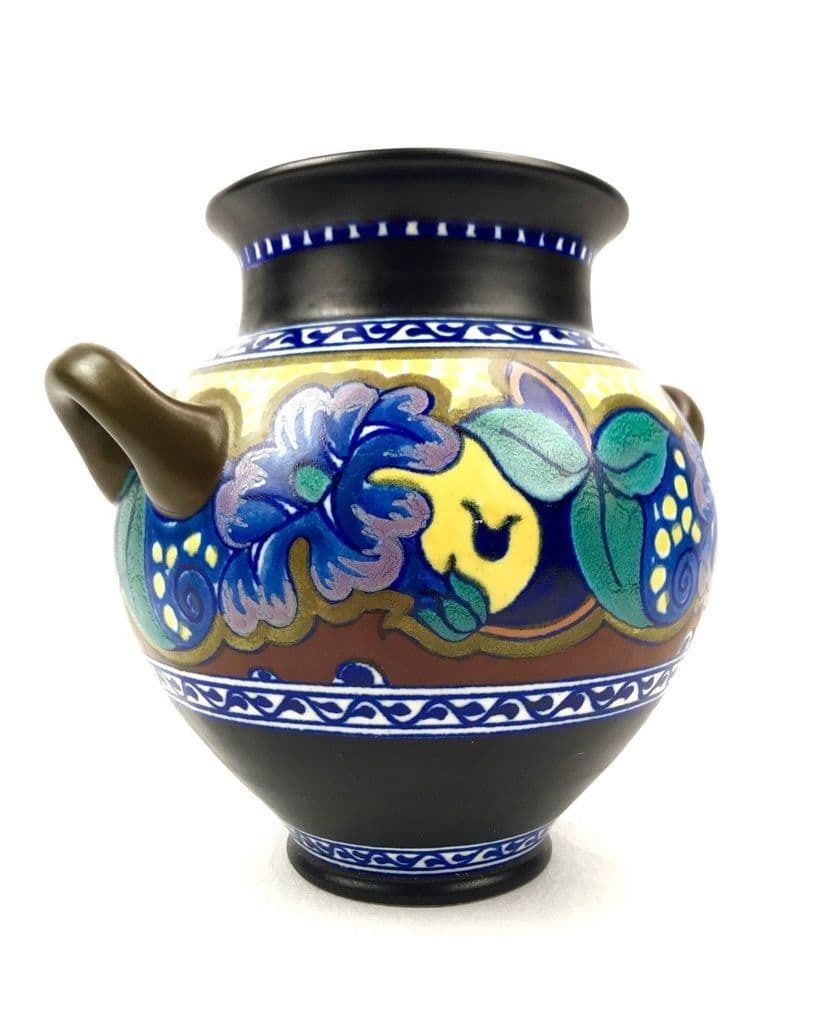 Antique Gouda Vase / Planter / Art Deco Dutch Pottery / Blue / Brown / Floral photo furniture