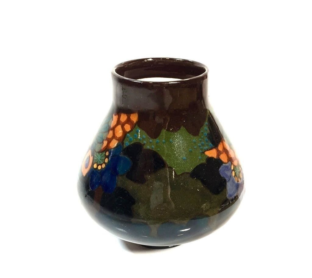 Antique High Glaze Gouda Pottery Art Deco Butterfly Vase / Dutch / Blue / Green photo for sale