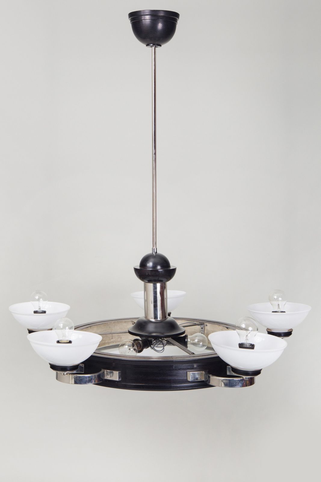 Art Deco Chandelier, Made In Germany In The 1930s. Nickel, Oak And Glass
