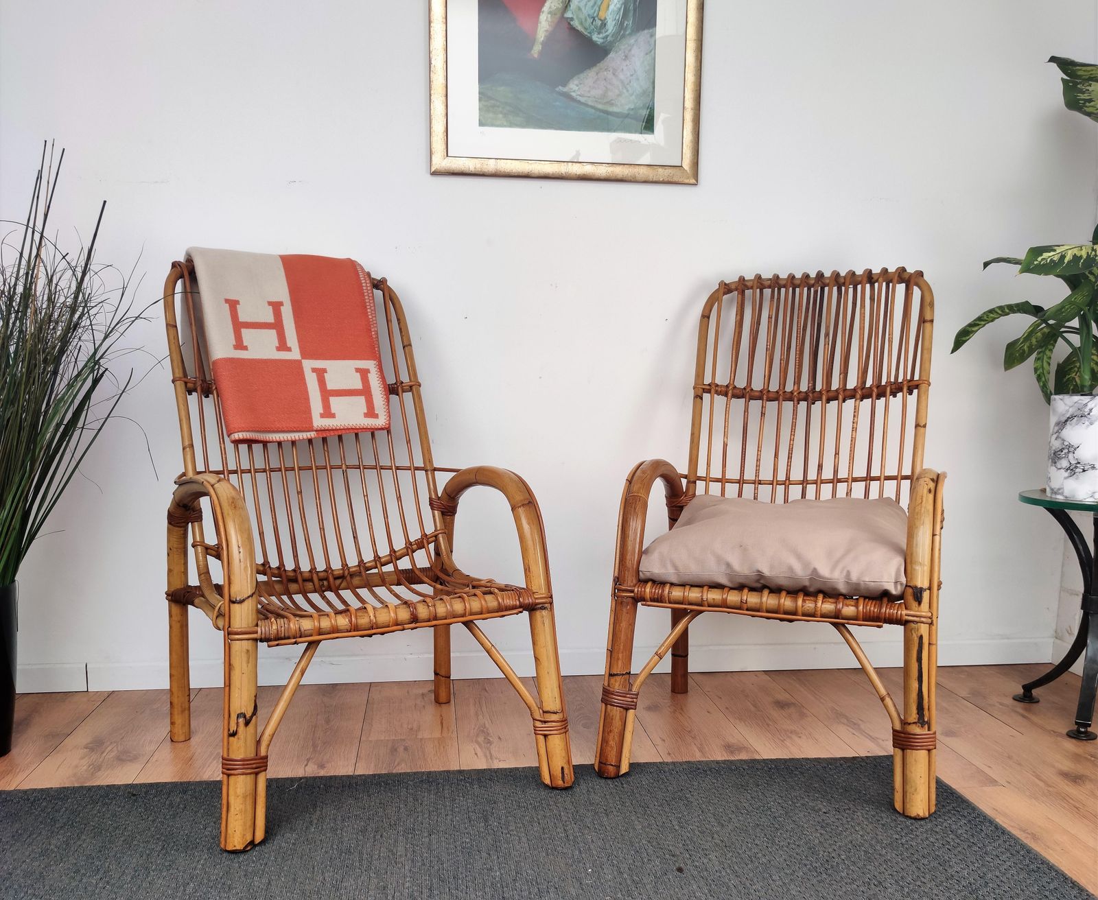 Pair Of 60s Italian Bent Bamboo Rattan Bohemian French Riviera Lounge Armchairs photo furniture