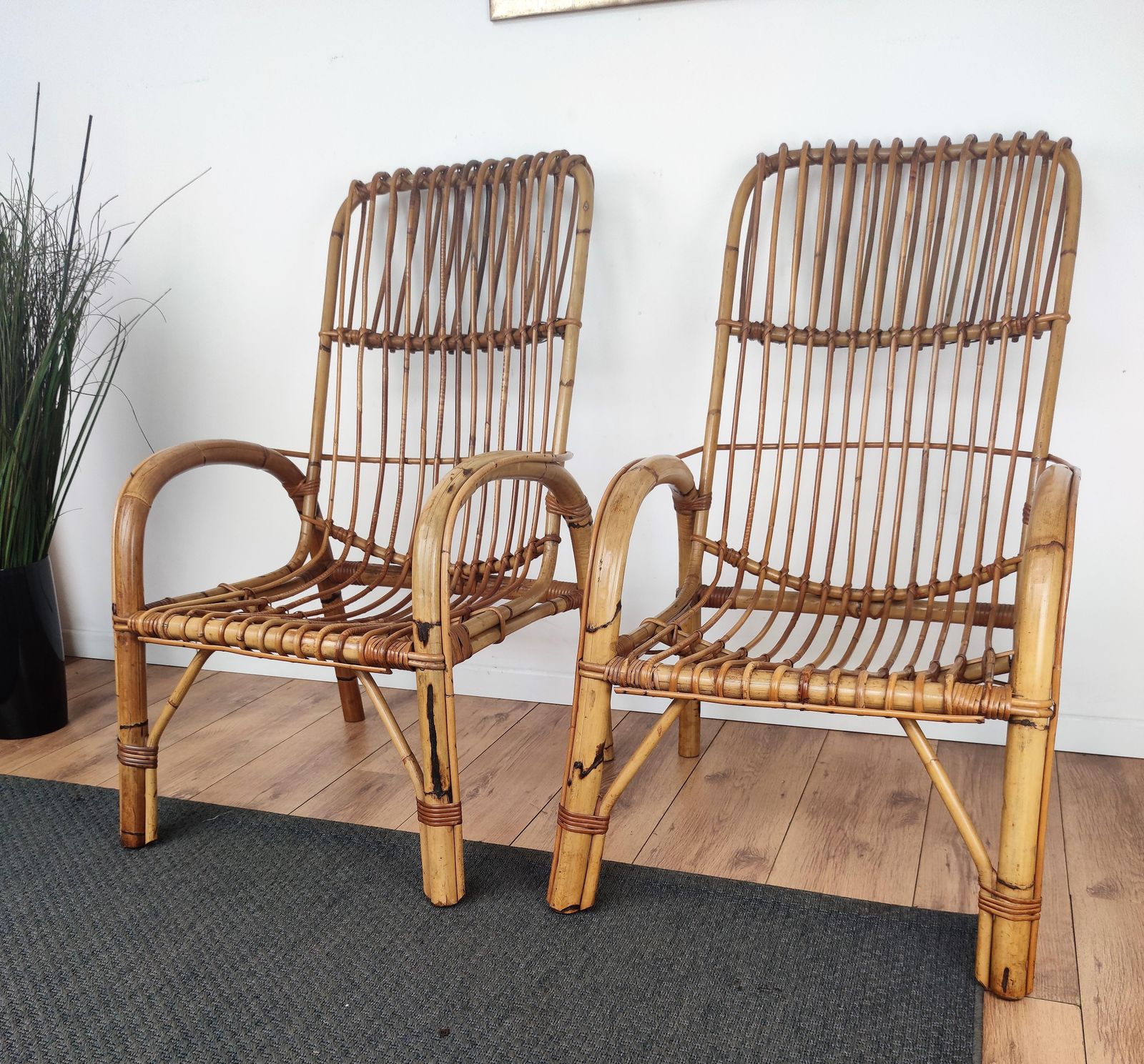 Pair Of 60s Italian Bent Bamboo Rattan Bohemian French Riviera Lounge Armchairs photo for sale