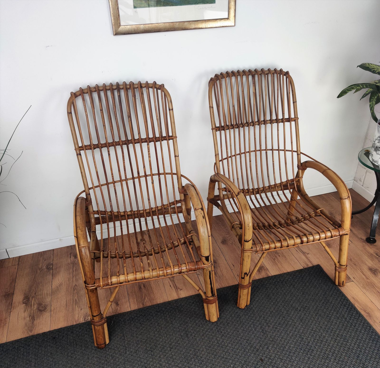 Pair Of 60s Italian Bent Bamboo Rattan Bohemian French Riviera Lounge Armchairs photo buy