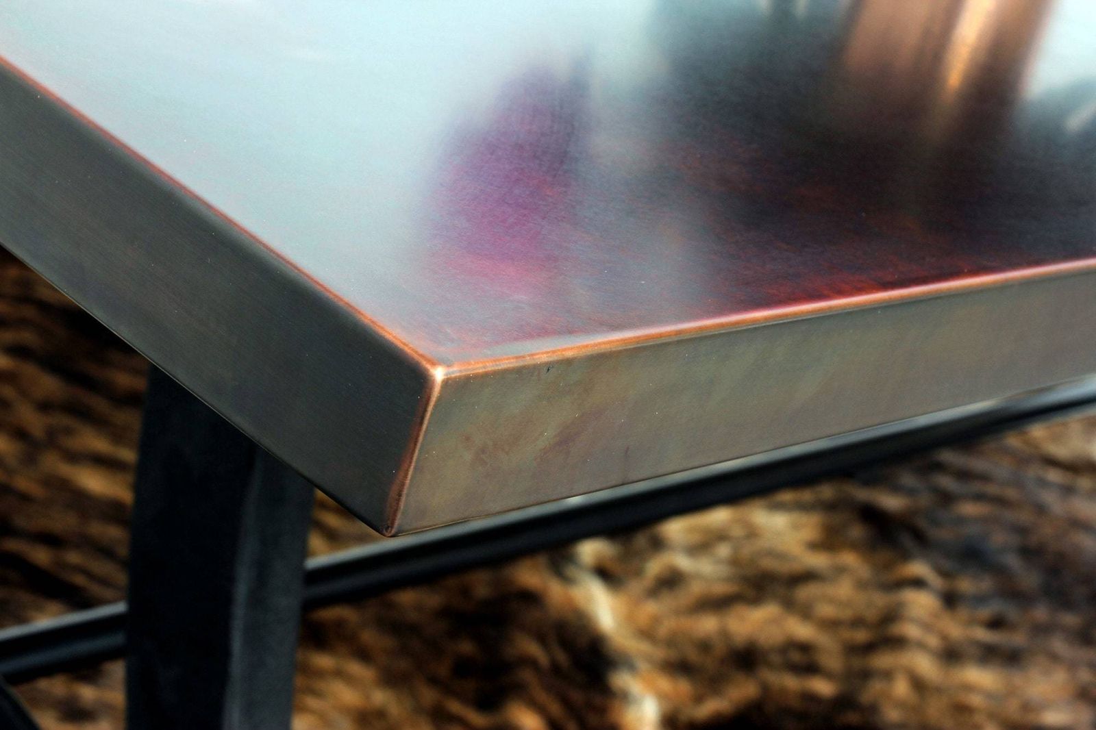 Penna Industrial Patinated Bronzed Copper Topped Table With Reproduction Vintage Reclaimed Steel Workbench Legs photo Furniture
