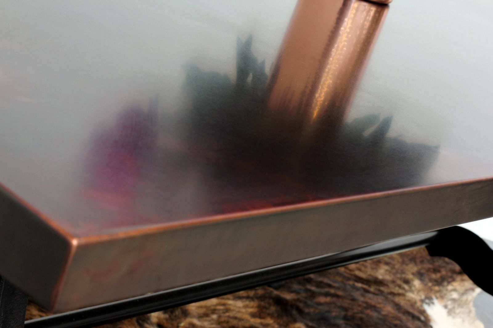 photo furniture Penna Industrial Patinated Bronzed Copper Topped Table With Reproduction Vintage Reclaimed Steel Workbench Legs