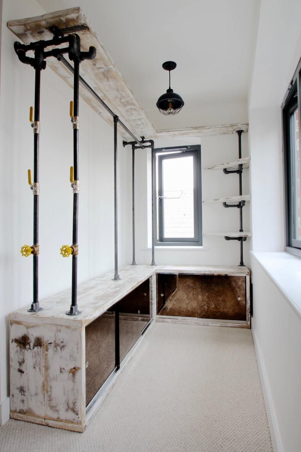 Eli White Washed (And Sanded) Reclaimed Scaffolding Board And Dark Steel Pipe Dressing Room System With Antique Mirror Sliding Doors