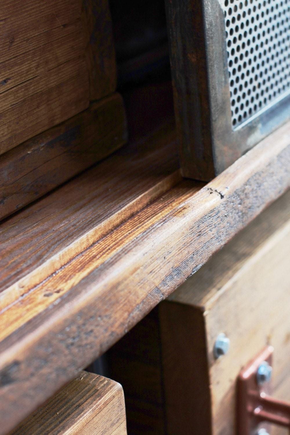 David Chestnut Stained Reclaimed Scaffolding Board, Dark Steel Pipe And Copper Fittings Open Wardrobe/Closet, Vintage Locker Sliding Doors photo furniture