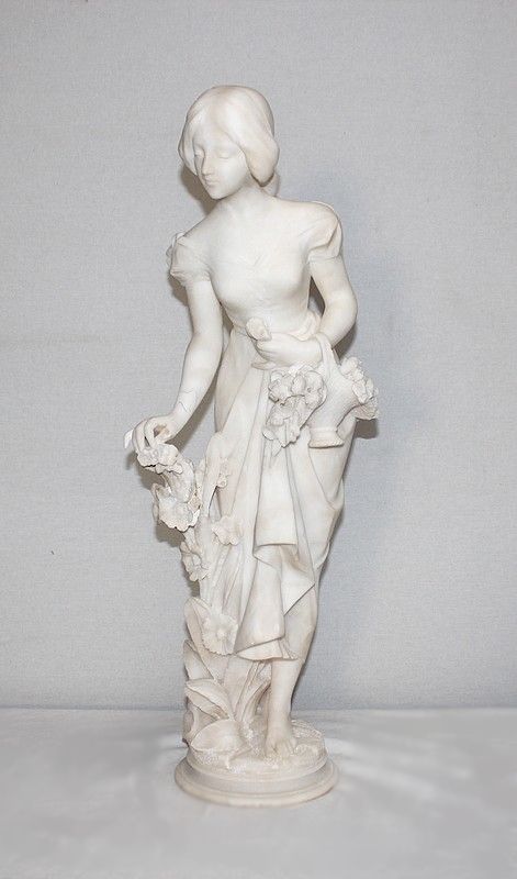 Large Alabaster Sculpture "Young Girl With Flowers", 1900