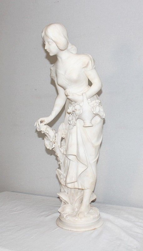 Large Alabaster Sculpture "Young Girl With Flowers", 1900 photo for sale