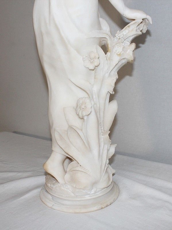Art Large Alabaster Sculpture "Young Girl With Flowers", 1900 photo